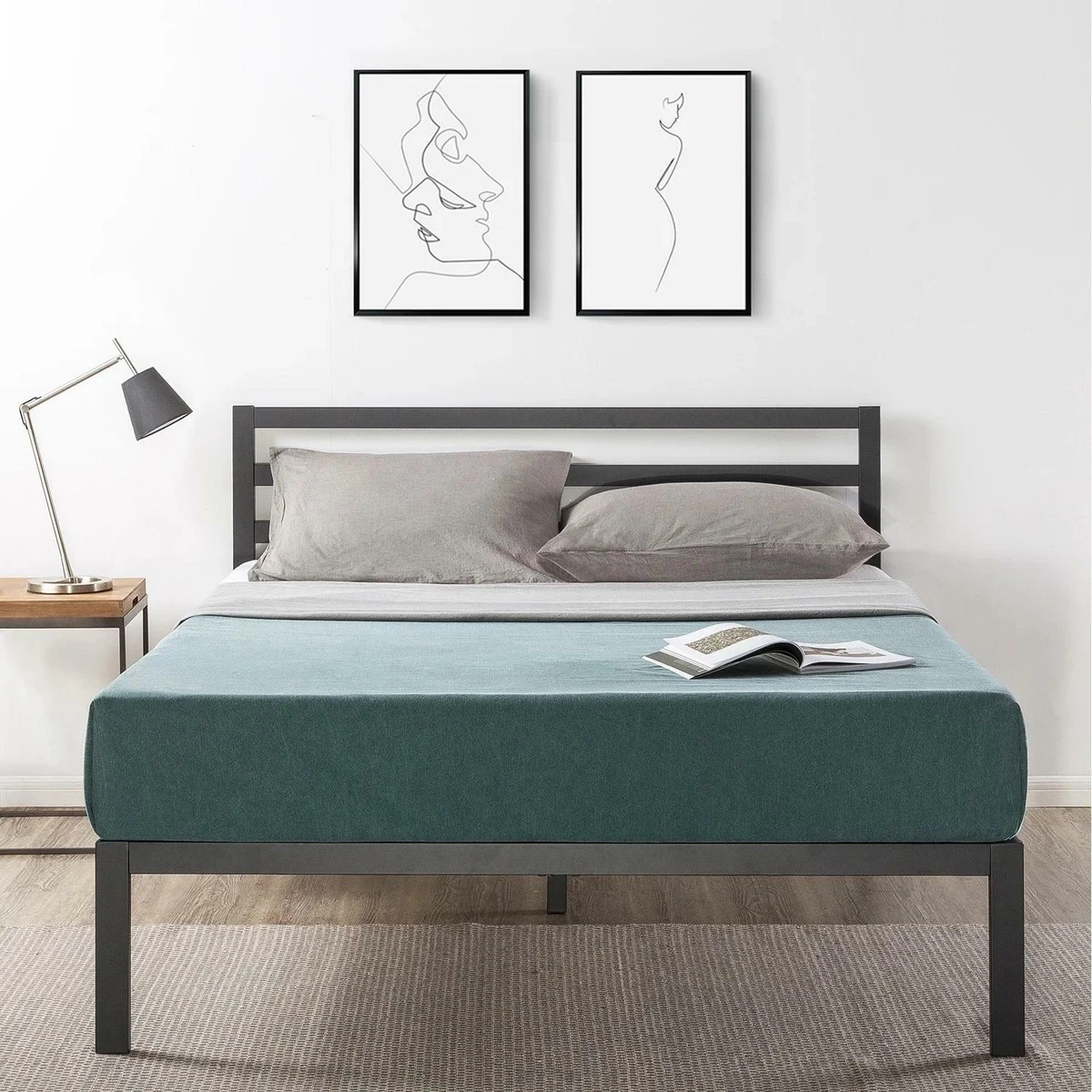 14 Inch Metal Platform Bed With Wood Slat Support By Crown Comfort