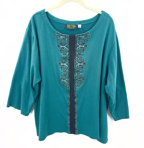 Bob Mackie Embroidered Top Womens Size 3X Wearable Art 3/4 Sleeve Jewel Tone