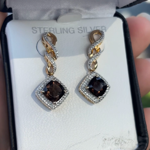 Orecchini pendenti argento sterling 925 quarzo fumè placcato oro zirconi strass aureola - Video 1 di 1