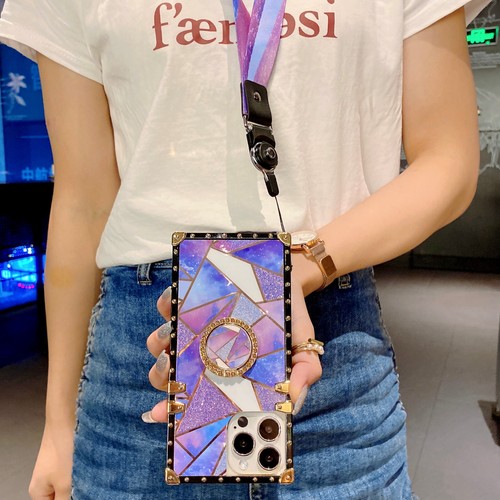 For iPhone Samsung Lanyard Splice Marble Case Ring Holder Shockproof Phone Cover - Picture 3 of 13