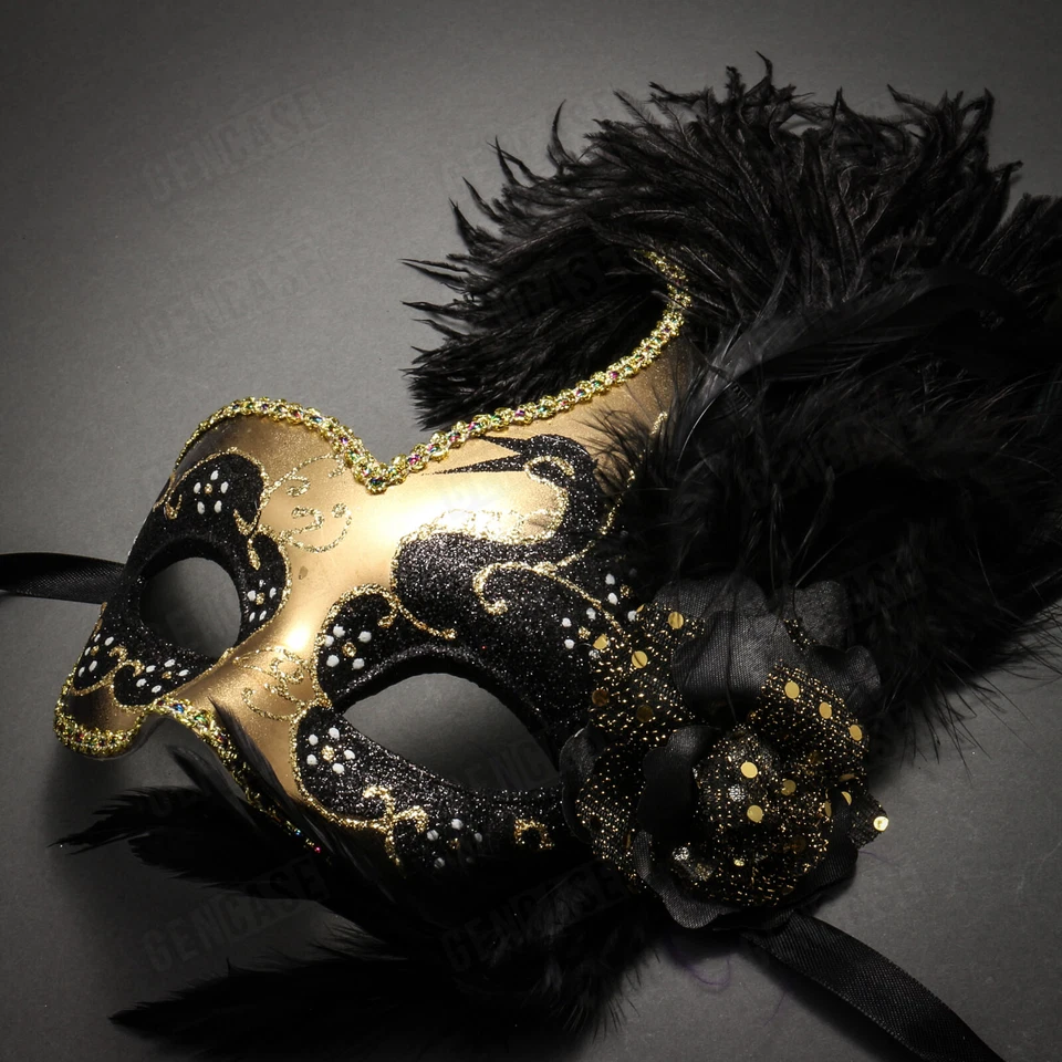 Gold Venetian Elegance Black Side Feather Glitter Masquerade Women Party Mask - Image 2 of 4