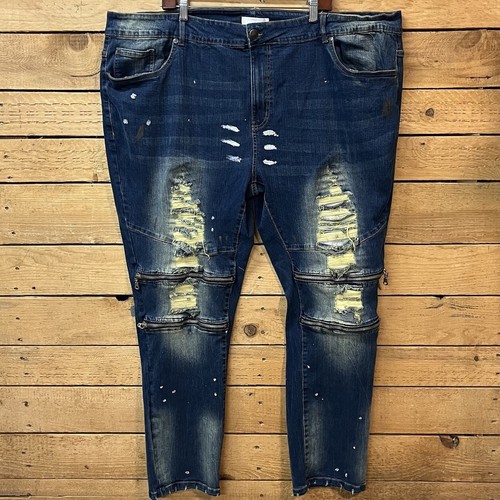 Pantalones de mezclilla GS115 para hombre 50 x 31 ropa de calle pintura salpicaduras hip hop holgados rip denim - Imagen 1 de 12