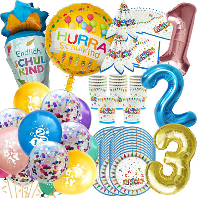 Schuleinführung Einschulung XXL Deko Set - Ballons + Pappgeschirr + Servietten 