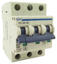 YuCo YC-32-3C Miniature Din Rail Circuit Breaker C-Curve 32-Amp 3P 480VAC 220VDC