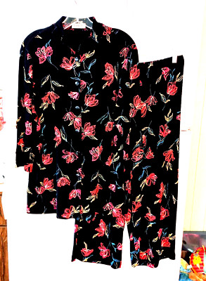 VINTAGE VIKKI VI BLACK FLORAL TOP WIDE LEG CAPRI PANTS 2 PC SET PLUS SIZE 0X