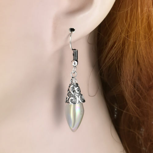 Fun New Ornate Silver Fashion Jewelry Acrylic Opalite Hook Dangle Drop Earrings - Picture 4 of 4