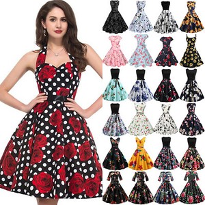 Women-Floral-Vintage-Pin-Up-High-Waist-Party-Sleeveless-Rockabilly-Retro-Dress