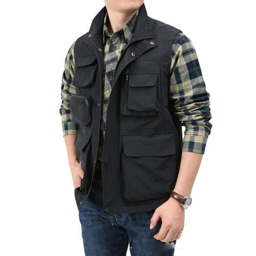 Herren Weste Multi Taschen Ärmellose Cargo Jacke Weste Weste Angeln Zip Tops NEU - Bild 3 von 16