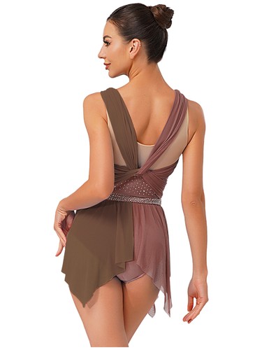 Womens Dress Lyrical Dancewear Ruched Costume Ballroom Rhinestone Leotard Hem - Picture 39 of 62
