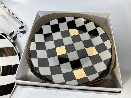 Macys Designer Dessert Plates Embellished 14k Gold White Black, Boxed Set of 4 - Picture 6 of 9
