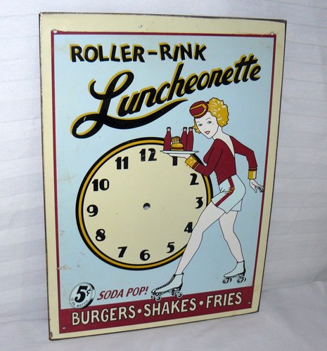 vintage roller rink luncheonette metal sign missing clock