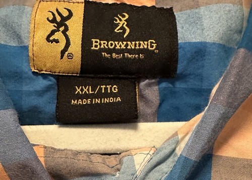 BROWNING Button Down Shirt Mens XXL 2XL Blue Orange Check Plaid Short Sleeve - Picture 4 of 5