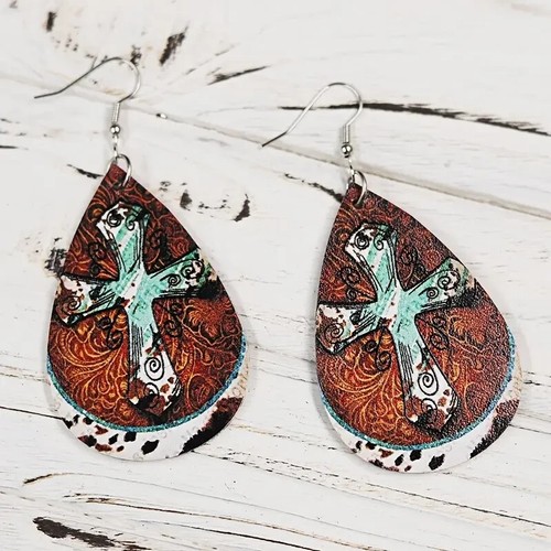 Teardrop Shape With Cross Print Dangle Earrings Retro Bohemian Style PU Leather - Picture 3 of 3