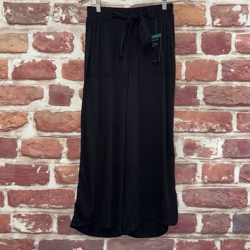 ANA Pants Womens XS Plain Black Mid Rise Wide Leg Cropped Tie Waist Trousers - Picture 8 of 10