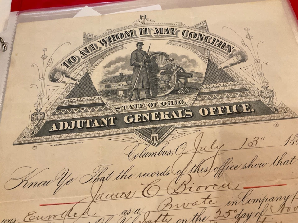 1240 GUERRA CIVIL OHIO 65º CERTIFICADO VETERANOS INFANTERÍA 1885 OFICIAL 1861 Hasta 64 Foto 4 de 4