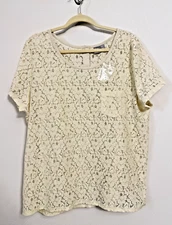 JCP 2X Womans Sheer Cream Floral Lace Top Boho Western Quiet Luxury Cap Slv READ