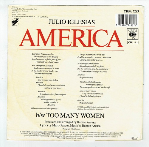 Julio IGLESIAS Disque Vinyle 45T 7" RPM AMERICA - TOO MANY WOMEN - CBS 7283 - Imagen 3 de 3
