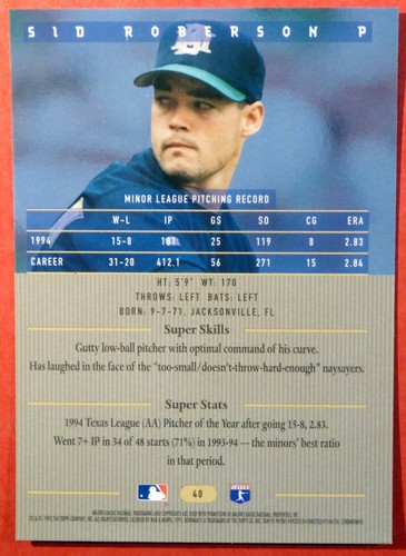 1995 Bowman's Best Sid Roberson #B40 (Brewers) NM+ - Picture 2 of 2