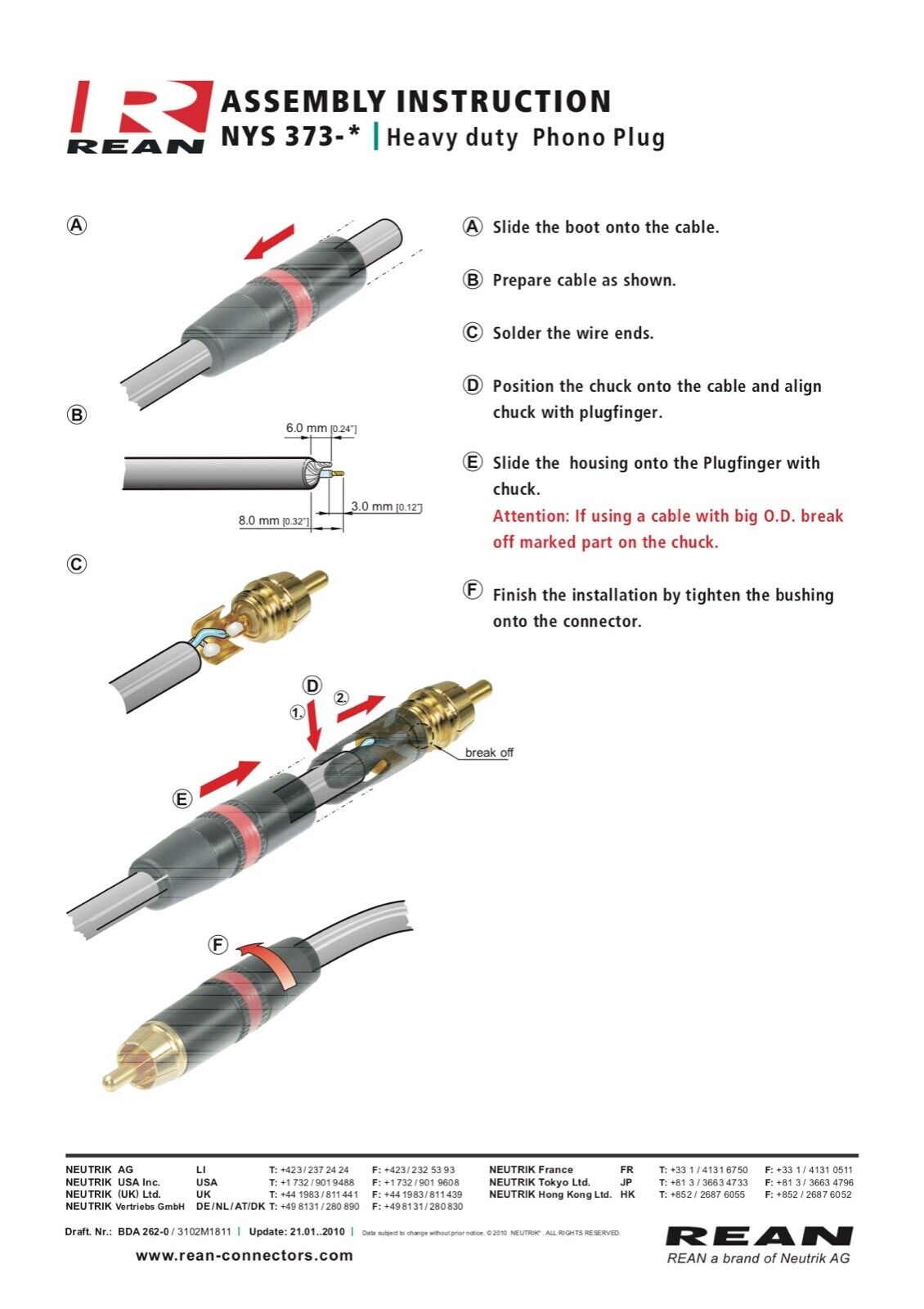 4x REAN Neutrik NYS-373-0 NYS-373-2 Cinchstecker vergoldet RCA Cinch Paar NYS373