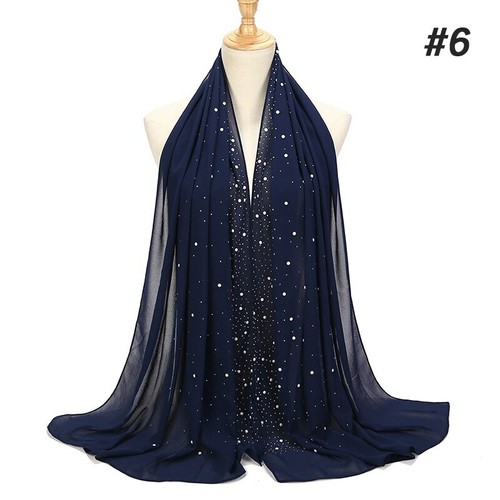 Elegante Bufanda De Chifón Para Mujeres Perlas Clavadas Y Estampado Plano Hijab - Picture 17 of 31