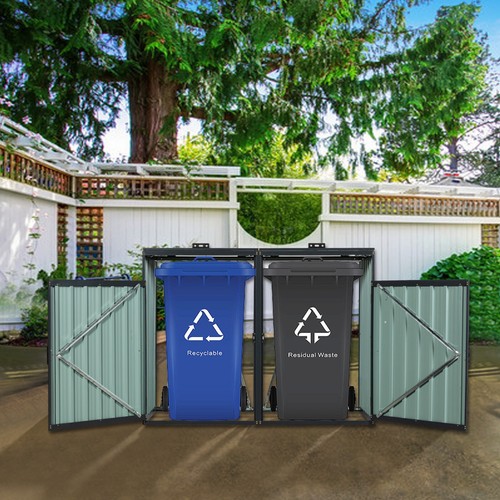 Garbage Bin Shed Stores 2 Trash Cans Metal Outdoor Bin Shed for Garden Yard - Picture 4 of 9