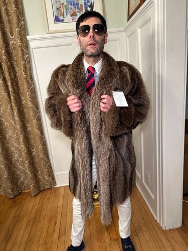 New 36" Long Mens Silver Tipped Raccoon Real Fur Coat Size 44R Medium Jacket USA - Picture 3 of 9