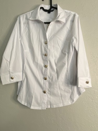 ZAC & Rachel Petite PS White 3/4 Sleeve Gold Accent Button Down Shirt - Picture 1 of 8