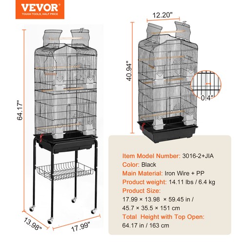 VEVOR Large Bird Cage 62 in Rolling Metal Parakeet Cage for Cockatiels Parrot - Picture 7 of 12