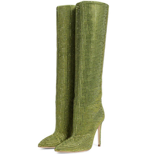 Damen Kniehohe Stiefel Strass T-Show Stiletto Diamant Nachtclub Mode Sexy - Bild 11 von 12