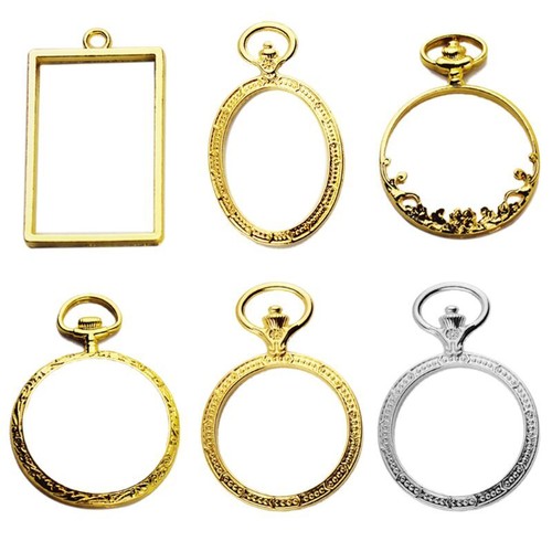 6 Pcs Pocket Watch Metal Frame Charm UV Resin Pendant Bezel Setting DIY Necklace - Afbeelding 1 van 8