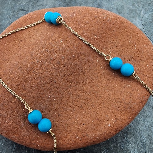 14k .585 4 mm Turquoise Bead Station Sz 10" Anklet Au 24108 - Picture 3 of 6
