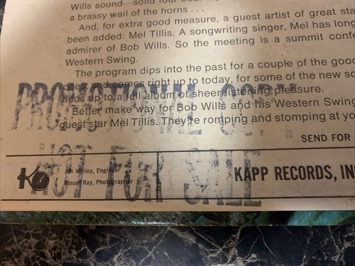Bob Wills: King of the Western Swing(M- 1967 Kapp, US LP) Country-EX Promo-Vinyl - Picture 3 of 3