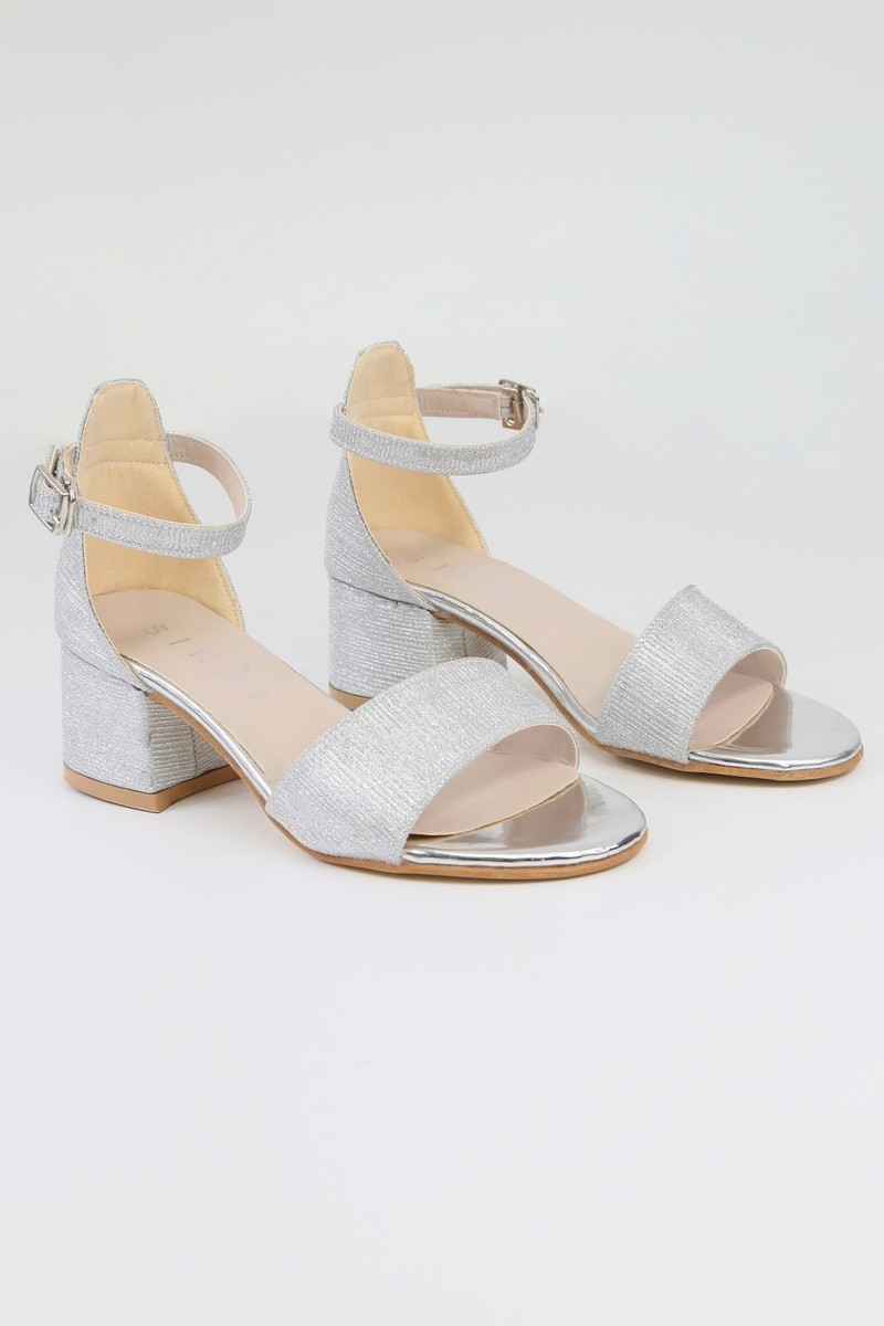 Girls Silver Textured Block Heel Sandals with Ankle Strap