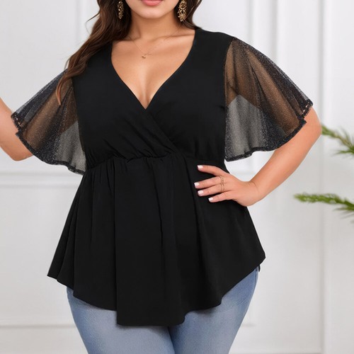 UK Plus Size Women Sheer Mesh Glitter Tops Frill Sleeve Party T-Shirt Blouse Tee - Picture 15 of 15