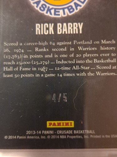 Rick Barry 4/5 2013-14 Panini Crusade #44 HOF # /5 Very RARE Warriors - Picture 4 of 4