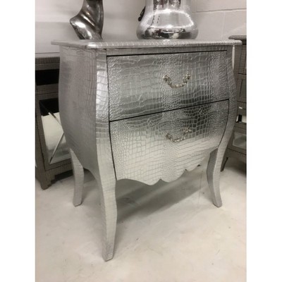 Silver Moc Croc Embossed 2 Drawer Bedside Cabinet Table Chest Of Drawers