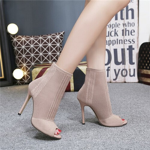 Ladies Hollow-Out Knit Sock Ankle Boots Womens Peep Toe Pull On Stiletto Shoes - Picture 10 of 24