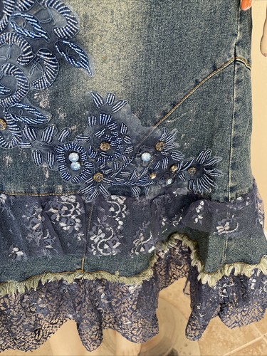 Women’s Blue Silver Denim Cotton Casual Bead A-line Boho Size M(6-8) Skirt 3495 - Picture 4 of 12
