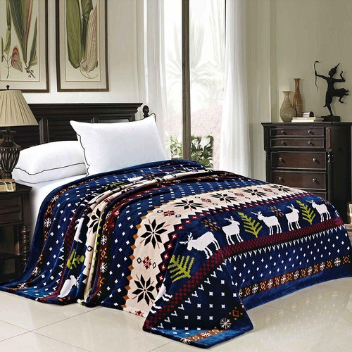 Twin Queen Size Bed Navy Blue Red Reindeer Christmas Snow Winter Fleece Blanket - Picture 2 of 2