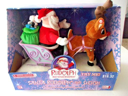 GEMMY RUDOLPH THE RED NOSED REINDEER, SANTA & SLEIGH ANIMATED WORKING NEW IN BOX - Picture 1 of 4