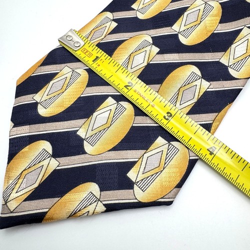 Conte Di Milano100% Silk Yellow Navy Vtg Art Deco Geometric Abstract Pattern - Picture 2 of 6