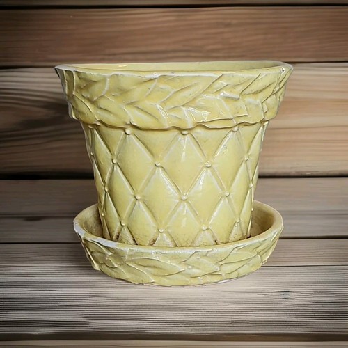 Vintage McCoy Pottery Yellow Quilted Diamond Leaf 6" Flower Pot w/ Saucer MCM - Picture 2 of 8