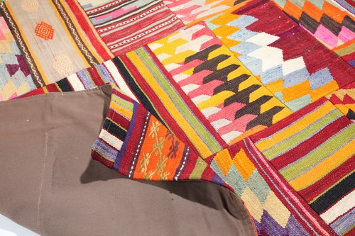 Pavimento vintage turco tessuto a mano patchwork Kilim, realizzato in patchwork tribale Kilim - Foto 11 di 11