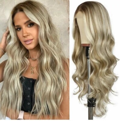 HD Lace Front Wig Human Hair Blend Highlights  Wavy Curly Natural Dirty blonde 
