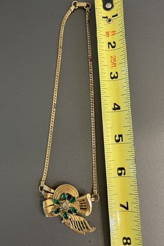 HARRY ISKIN 1/20 12k gold filled Green Rhinestone Gold Necklace 1940s Vintage - Picture 5 of 8