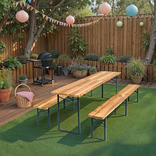 Set tenda birra festa tavolo pieghevole 219 cm 3 pezzi panche richiudibili legno - Foto 11 di 12