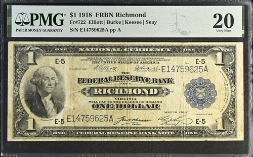 1918 $1 Large Size Federal Reserve Note FRN Richmond Fr#722 PMG VF20 Stained - Picture 1 of 2