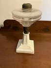 Antique 1870’s Oil Lamp Hobbs Brockunier Clear Glass With Milk Glass Base 8.5” T