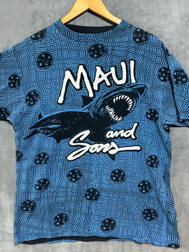 VTG Maui & Sons T Shirt Men L All Over Print AOP Shark Logo Single Stitch 90s - Picture 2 of 11