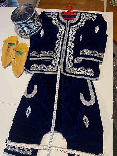 Traditional Moroccan 6-7 yr Old Boy Outfit Authentic Handmade Morocco Blue+Shoes - Picture 14 of 17